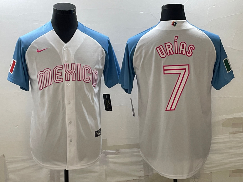 Men's Mexico Baseball #7 Julio Urías 2023 White Blue World Baseball Classic Stitched Jersey